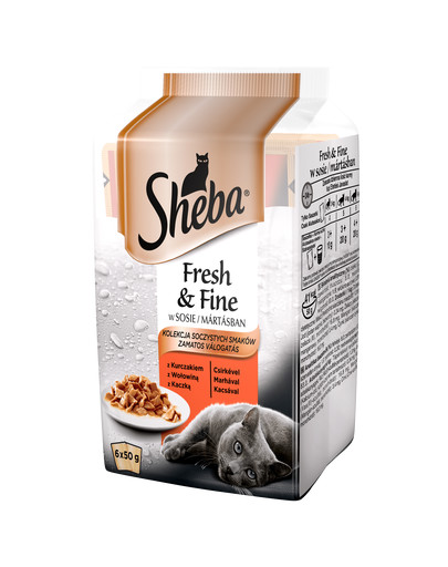SHEBA Mini mėsos padažų patiekalų pakelis 6x50g + 6x50g nemokamai pakelis