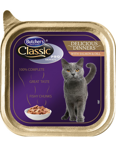 BUTCHER'S Classic Delicious Dinner Cat su lašišos ir krapais gabaliukai padaže 100 g