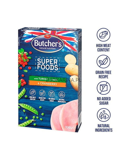 BUTCHER'S Superfoods Treats skanėsta su su kalakutiena ir spanguolėmisi  320 g