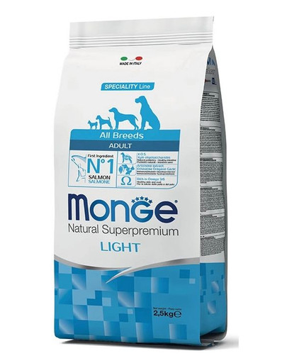 MONGE Light Šunų maistas Lašiša su ryžiais 2,5 kg