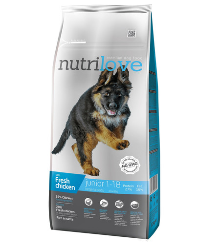 NUTRILOVE Premium dla psa Junior L su šviežia vištiena 12kg
