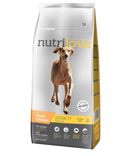 NUTRILOVE Premium Active šuniui su šviežia vištiena 12 kg