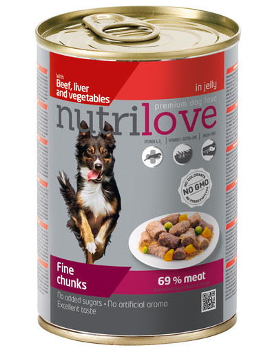 NUTRILOVE Premium gabaliukai su jautiena, kepenimis ir daržovėmis drebčiuose šunims 415g