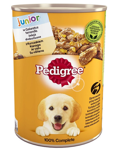 PEDIGREE Junior skardinė 12x400g - šlapias šunų maistas drebučiuose vištiena + NEMOKAMOS kojinės