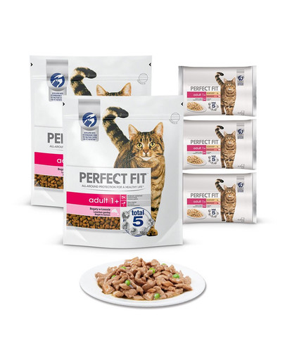 PERFECT FIT (Adult 1+) 2 x 750g maistas turtingas lašišu - sausas maistas suaugusioms katėms + konservai 12x85g - šlapias maistas katėms padaže (su vištiena ir žirneliais, su jautiena ir morkomis)