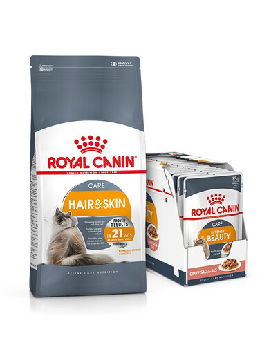 ROYAL CANIN Hair&Skin Care 10 kg + šlapias maistas drebučiuose Intense Beauty 12 x 85 g