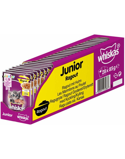 WHISKAS Junior Troškinys 28x85g - šlapias maistas katėms drebučiuose vištiena + kačių namelis