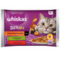 WHISKAS Adult 4 x 85 g "Rural Flavours" kolekcija - drėgnas kačių ėdalas su ėriena, vištiena ir morkomis, jautiena ir paukštiena.